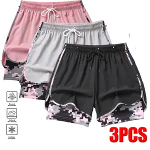 Set of three women’s double-layer camouflage shorts with contrasting colors—trendy athletic style. Double-layer design adds layered depth; elastic drawstring waistband for free adjustment and a snug fit; curved hem trims the leg shape. Breathable, stretch