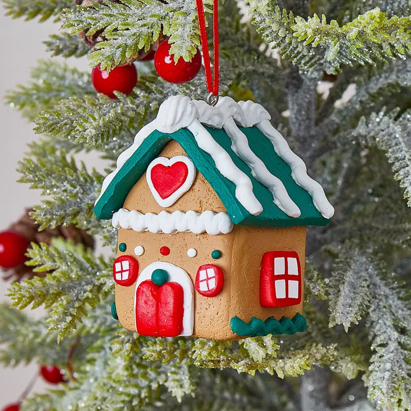 Enchanted Gingerbread Village Ornaments, Set of 4 Hand-Painted Clay Houses, Perfect Christmas Tree Decoration, Ideal Whimsical Gift
