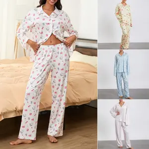 Women's sleepwear casual set strawberry print lapel long sleeved shirt top and pants 2-piece casual set