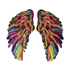Patch Party Club, 1-pc, Multi-Color "Orange Kaleidoscope" Sequins Angel Wings, Large Wings (iron-on) Size 10"x5.5", Sparkly Patch for Denim Jacket, Shirts