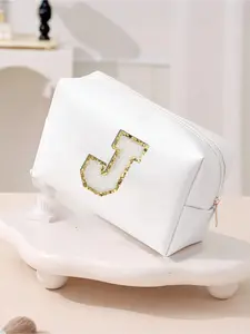 Embroidered Letter Cosmetic Bag, Portable Toiletry Bag, Simple Women's Storage Bag, With Zipper, Can Hold Lipstick, Makeup Brushes, Skin Care Products, Mobile Phone, Coins, Small Items, Suitable for Home, Vacation and School Use, Valentine's Day Gift.
