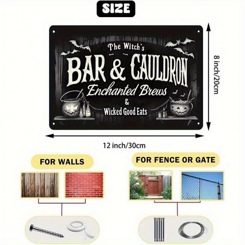 Vintage Witch Bar & Cauldron Metal Tin Sign - Gothic Halloween Decor With "The Witch'S Bar & Cauldron", Bats - Heavy-Duty Iron Construction, 8X12 Inch Indoor/Outdoor Wall Art For Home, Bar, Cafe, Kitchen - No Electricity Needed, Easy Hangin Aluminium