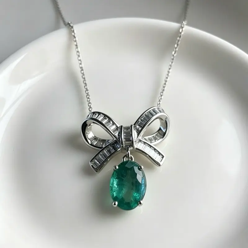 <PingEast jewelry > 925 Sterling Silver Pendant Necklace with a 7x9mm 3-Carat Natural Muzo-Colombian Oval Emerald in a Bowknot Design, with Certificate