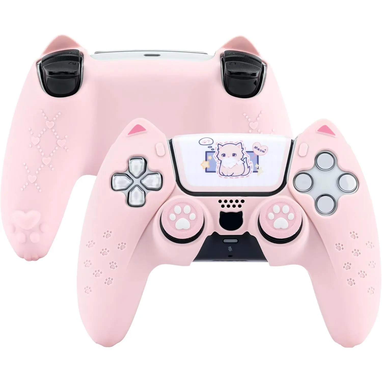 X-PCS12   Cute Cat Paw Protective Skin Set for ps5 Controller, Anti-Slip Silicone Cover Case Compatible with ps5 Wireless Controller Includes 2 Thumb Grip Caps and 1 Sticker - Pink