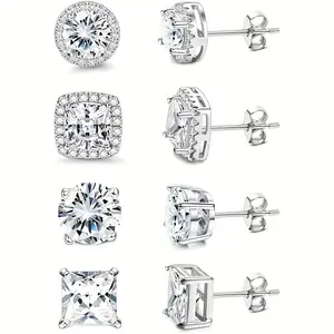 4 Pairs Silver Stud Earrings for Women Men Hypoallergenic 18K Gold Plated Cubic Zirconia Earrings Studs Simulated Diamond Halo Earring for Sensitive Ears