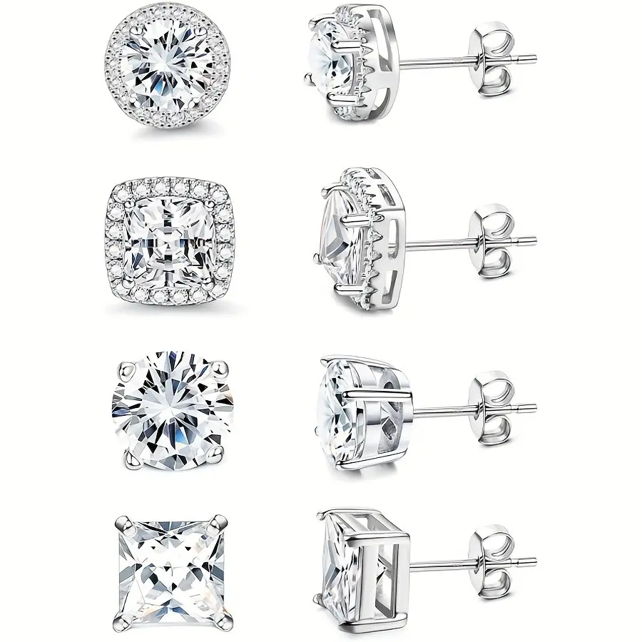 4 Pairs Silver Stud Earrings for Women Men Hypoallergenic 18K Gold Plated Cubic Zirconia Earrings Studs Simulated Diamond Halo Earring for Sensitive Ears