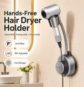 Hair Dryer Holder Wall Mount, Hands-Free Blow Dryer Stand with Vacuum Suction No Drill, 360° Adjustable Flexible Arm & Cord Storage, Reusable Water-Resistant Bathroom Vanity Organizer, Fits Most Hair Dryers