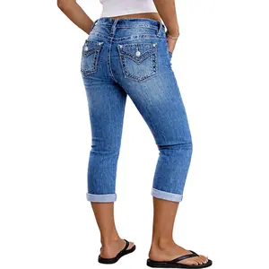 Flamingals Stitch Detail Mid Waist Rolled Hem Capri Jeans Womenswear Stretchy 22.4" Inseam