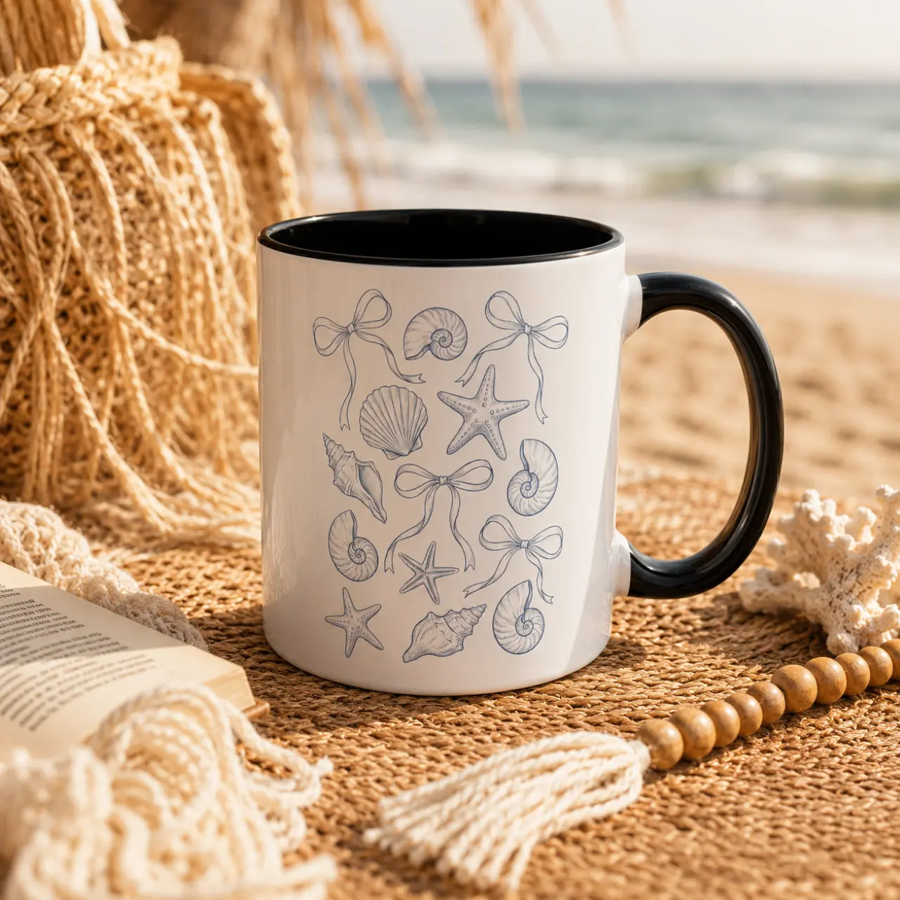 Coastal Seashell Coffee Mug – Beach Lover Ceramic Mug with Seashell & Bow Design (11oz & 15oz)
