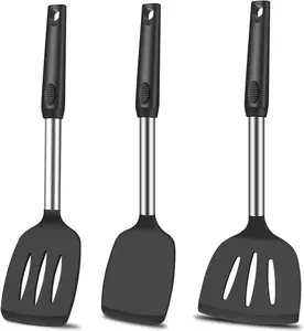 3 Piece Silicone Spatula Set Heat Resistant Nonstick Cooking Spatulas Slotted Turner Fish Turner Kitchen Utensil Set Dishwasher Safe for Frying Eggs Fish Pancakes Cooking