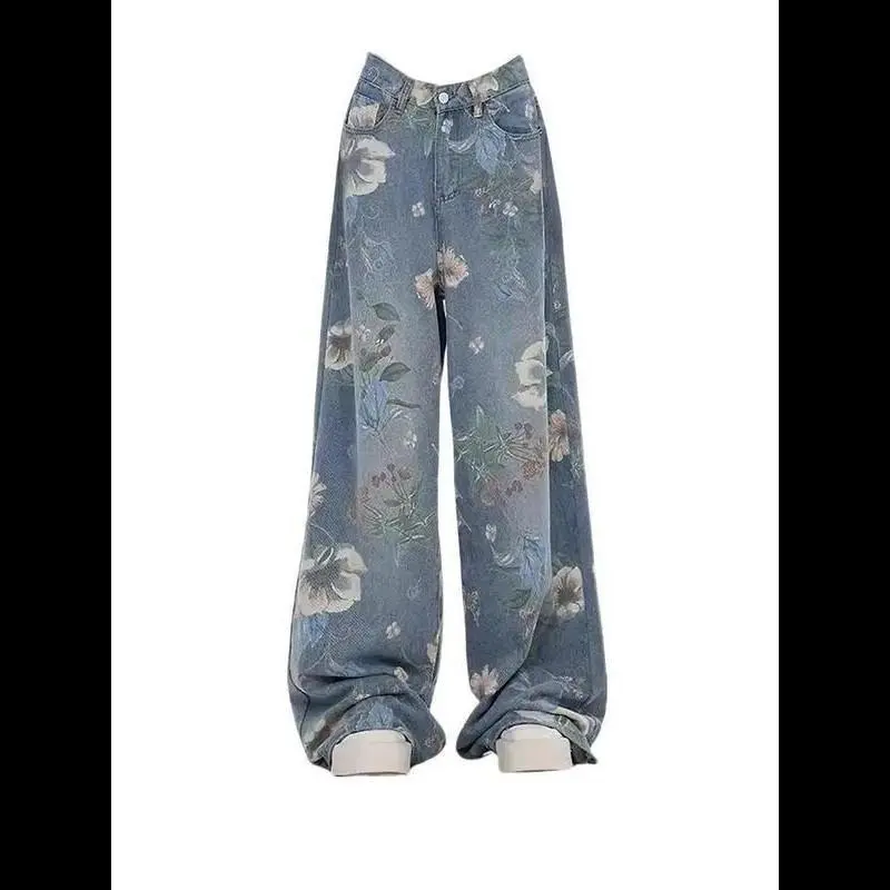 Floral Print Wide-leg Jeans - Retro Y2K High-waist Pants - Trendy Clothing for Women D936 Floral Print Wide-leg Jeans - Retro Y2K High-waist Pants - Trendy Clothing for Women D936