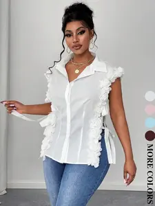 Plus Size Women's Sleeveless Blouse, 3D Flower Design with Side Tie Straps, Casual Fashion, Versatile Fit, Perfect for Various