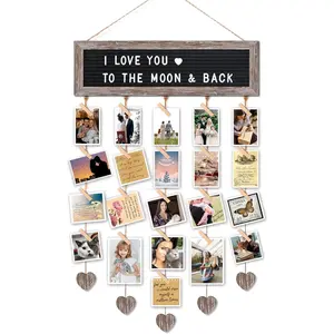 Buecasa Slotted Felt Board with 340 Letters and 30 Clips - Rustic Picture Frames Collage Wall Decor Sign - Multi Photos Cards Organizer 15.7x5 Inches (Barnwood)