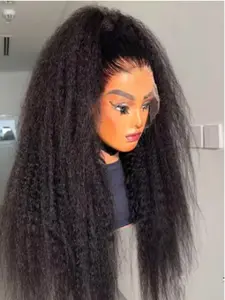 Soft Black Yaki Glueless Frontal Wig 13x4 Lace Front Wig 30inch 180density Kinky Straight Wig For Women Baby Hair Synthetic Wigs Heat Temperature Glueless