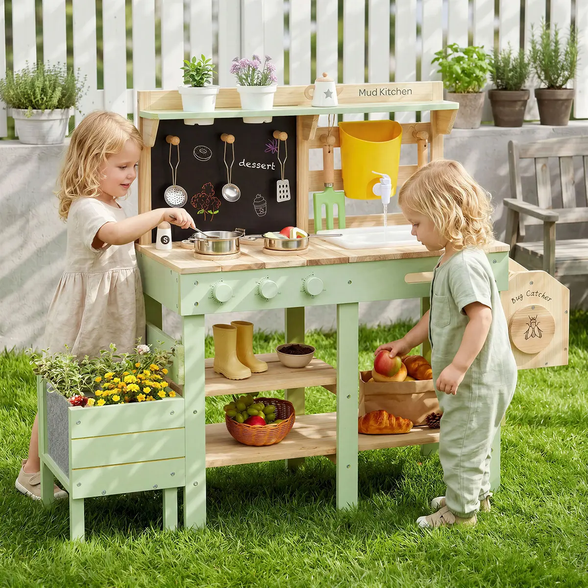 Labebe 3-in-1 Kids Wooden Mud Kitchen Playset with Planter Box & Kitchen Utensils - Outdoor Sensory Toy for Toddlers (Ages 3+)