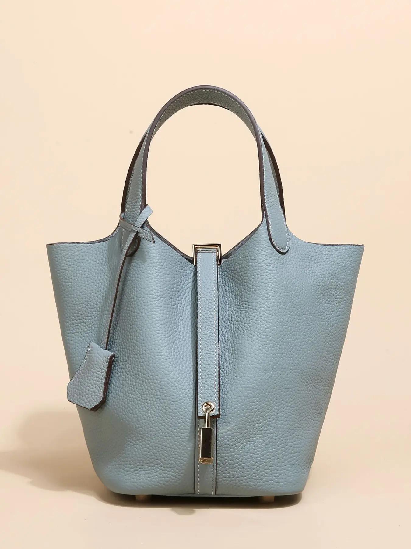 Genuine Leather Lock Design Bucket Bag Vegetable Basket