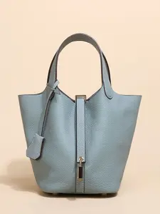 Genuine Leather Lock Design Bucket Bag Vegetable Basket, Fashionable and Versatile Satchel Handbag