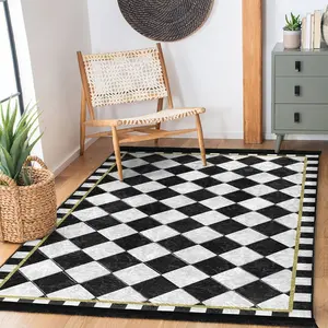 Diamond Area Rug Black Argyle Runner Check Non Slip Carpet Chessboard Floor Art White Machine Washable Carpet Gold Frame Fringed Mat
