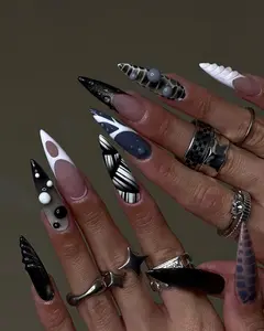 Dark Y2K Press On Nails, Black White Abstract Chrome 3D Nails, Long Stiletto Edgy Nail Set
