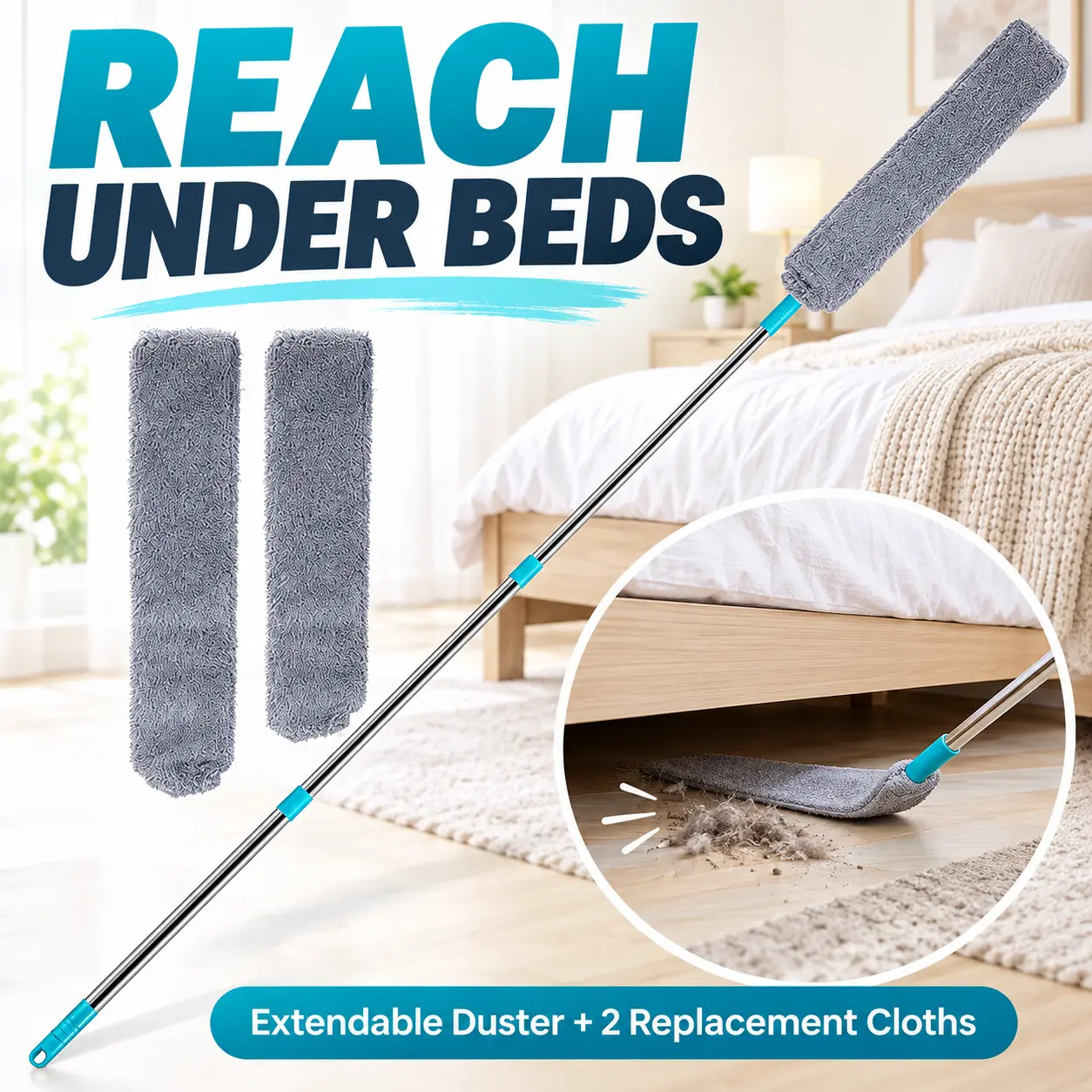 Retractable Gap Duster, Extendable Microfiber Under Bed Duster with 2 Replacement Cloths, Flat Long Handle Dust Cleaner for Under Couch, Furniture, Refrigerator & Tight Spaces
