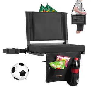 Summervibes Black Folding Bleacher Stadium Seat with Back Support, Thick Padded Cushion, Shoulder Strap, Hooks, Cup Holder, Side Pocket - Folding Camping Chair, Collapsible Portable Stool, Portable Foldable Stool