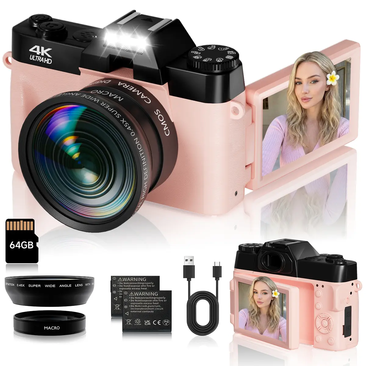 4K Portable Digital Cam with Flip Screen - Pink Beginner Vlogging Camera for Teens, 48MP Compact Point-and-Shoot with Wide Angle Lens, Rechargeable Camcorder with 64GB Card, Stream-Ready Content Creator Gift