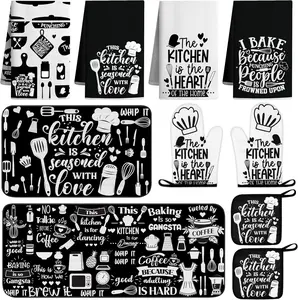 10 PCS Farmhouse Kitchen Decor Set - 4 Black White Dish Towels, 2 Oven Mitts, 2 Pot Holders, 2 Rugs Mats, Rustic Decor Accessories for Cooking Baking Home Housewarming Camp Mom Gift