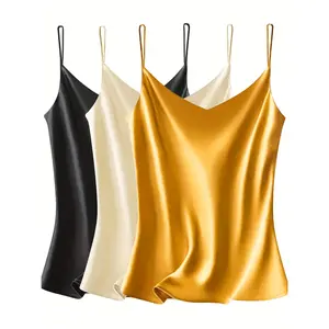 3pcs Women's Satin Camisoles, Solid Colors (Black, White, Yellow), V-Neck Sleeveless Loose Fit Polyester Tops, Lightweight & Comfy for Daily Casual, Loungewear & Spring/Summer Outfits