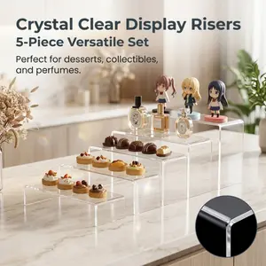 Transparent acrylic step display shelf set, 5-tier storage display rack, ideal for party food display, product showcasing, and home storage