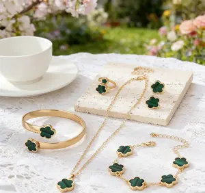Elegant Four Leaf Clover 5-Piece Jewelry Set, Gold Plated Alloy Stud Earrings Necklace Bracelet Bangle Ring Collection, Timeless Lucky Charm Gift Set for Women