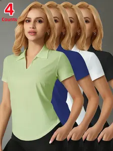 Women's Moisture-Wicking Breathable Polo Shirt Set, Fitted Casual Sports Top for Running Golf, 4 Piece Pack, Athletic Training Apparel, Athletic Fashion Activewear