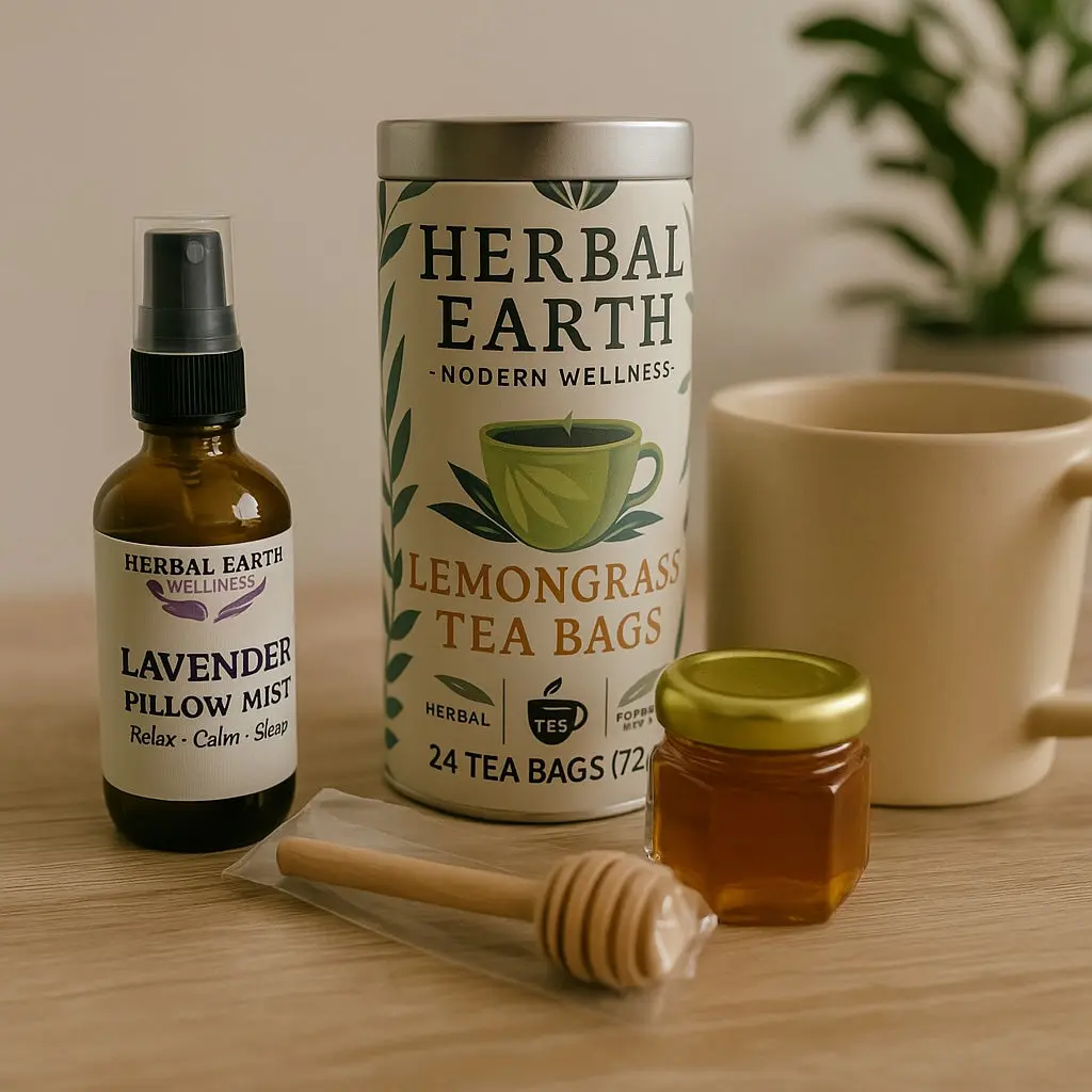 Herbal Earth Calm & Sleep Ritual Set - Lemongrass Tea Bags, Lavender Pillow Mist, Lemongrass-Infused Honey for Relaxation