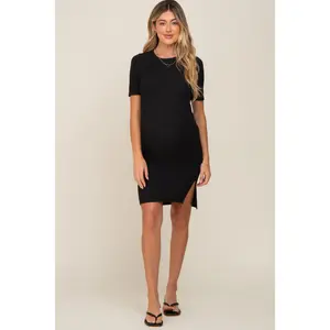 Black Ribbed Basic Short Sleeve Maternity Dress