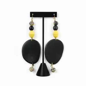 107 - Tagua Nut Black, Bone & Bead Dangle Earrings