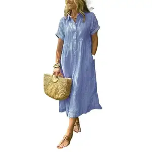 Summer New Plus Size Loose Shirt Dress for Women, Striped Short Sleeve Cotton Linen Mid-Length Dress, Casual Vacation Style, Slimming and Flattering Cover-Up Dress