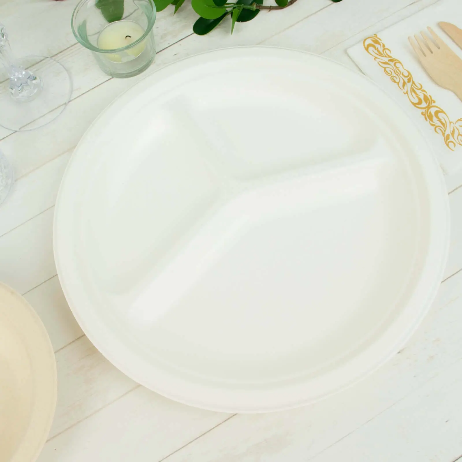 50-Pack 10" White Bagasse Round 3-Compartment Ecofriendly Disposable Tableware Set, Food-Safe Party Plates for Meal Prep, Weddings
