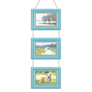 REGALWOVEN Hanging Collage Picture Frames Wall Decor, Photo Rustic Frame with Rope 5x7 Inch Blue Three Horizontal