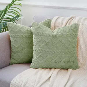 REGALWOVEN Plush Faux Wool Throw Pillow Covers, Geometric Patterns Pillowcases, Set of 2 Decorative Farmhouse Boho Throw Pillows for Sofa Living Room Bed 18 x 18 Inch Light Green