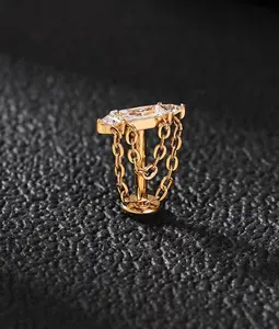 FRANKLYNX Titanium Long Sugar Cube Chain Dangle Stud – 16G ASTM F136 Implant-Grade, 24K PVD Gold Plated Zircon Charm Top with Interchangeable Labret Base, Multi-Use Ear & Lip Piercing Jewelry