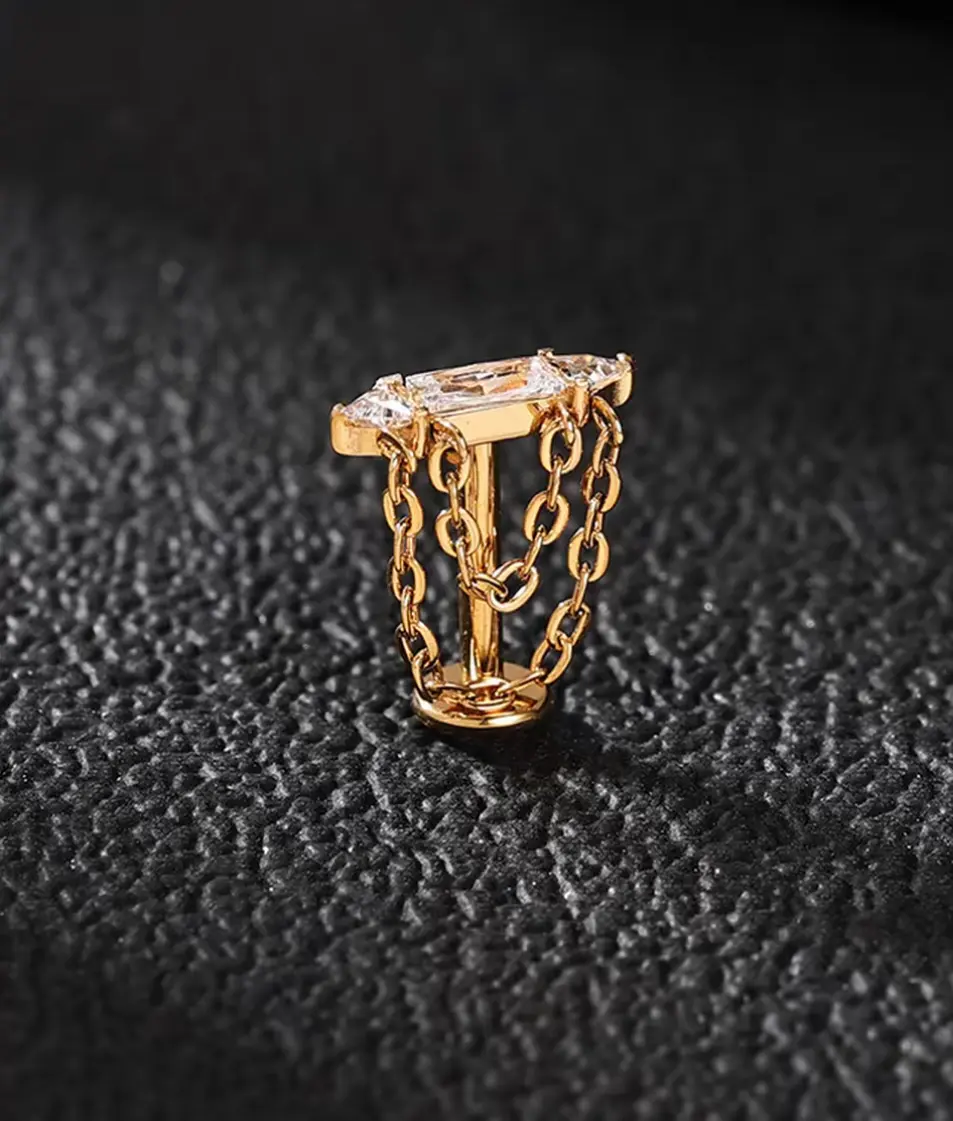 FRANKLYNX Titanium Long Sugar Cube Chain Dangle Stud – 16G ASTM F136 Implant-Grade, 24K PVD Gold Plated Zircon Charm Top with Interchangeable Labret Base, Multi-Use Ear & Lip Piercing Jewelry