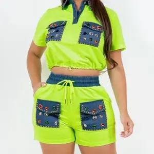 Vibrant Lime and Denim Two-Piece Set with Gems and Rhinestones for Women