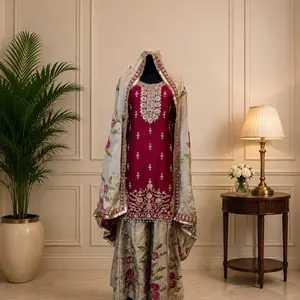 Royal Blue Garara Suit Ensemble with Intricate Thread and Sequin Embroidery on Kurta and Flared Pants Light Blue Organza Dupatta Womenswear Clothes