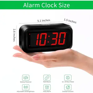 Alarm Clock, LED Digital Clock, Small Wall Clock, Battery Operated, Adjustable 3-Level Led Brightness, Dim Night Mode, 12/24Hr, Cordless, Constantly 1.2'' Digits Display for Bedroom/Travel,Easy to Set Decor