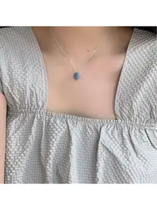 Blue Sapphire Heart Pendant Necklace Double Layer Choker Collarbone Chain Dainty Elegant Korean Style Minimalist Jewelry Gift for Women