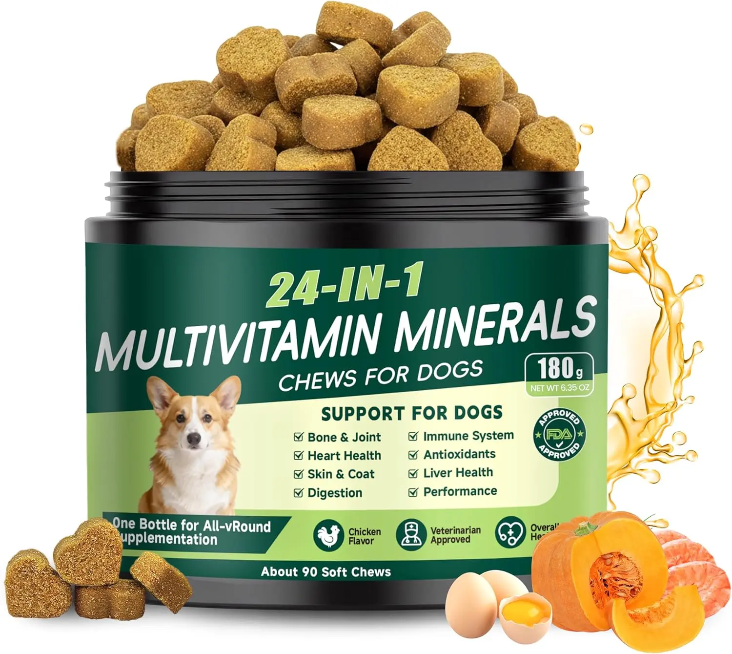 24-in-1 Dog Vitamins and Supplements, Dog Multivitamin Chewable with Chondroitin Probiotics Omega-3 Glucosamine for Dogs Skin Coat Hip and Joint Heart Gut Liver Brain Eye Immune Support, 90 Chews