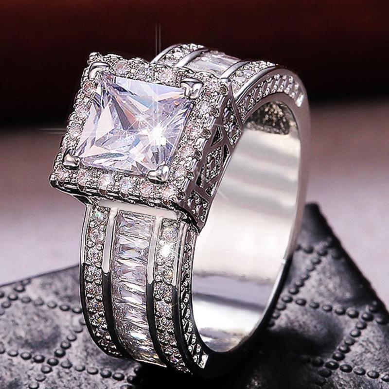 Women's Bold Non-Traditional Bridal Engagement Artificial Zircon Ring - Princess Cut Square Center, Multi-Row Baguette Accent Band, Crafted with Detail, Brilliant Shine, Elegant Gift for Birthday, Anniversary