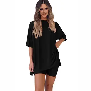 2026 New Loose Fashion Solid Color Casual Short Sleeve Shorts Two-piece Pocket Biker Shorts Minimalist Lounge Wear Soft Viscose Fabric Comfy Homewear Cozy Pjs