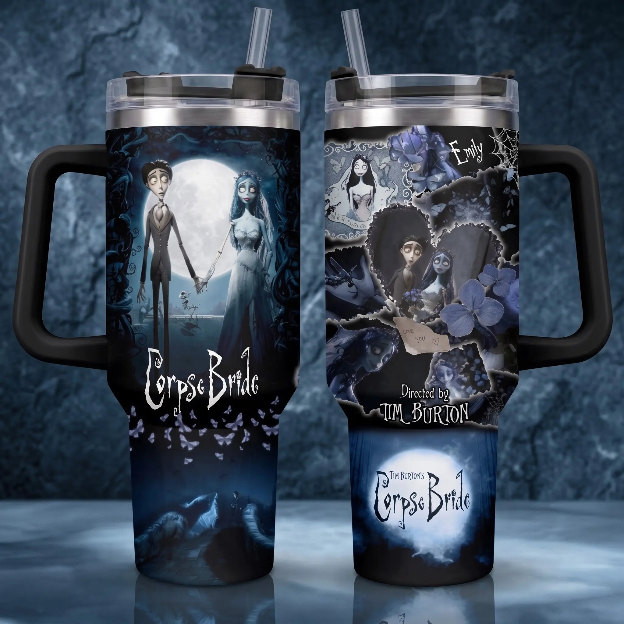 Corpse Bride Tumbler 40oz Handle Straw, Insulated Travel Mug, Tim Burton Victor Emily Blue Butterfly Gothic Dark Fantasy Cup, Halloween Movie Fan Gift, Vintage Retro Car Water Bottle