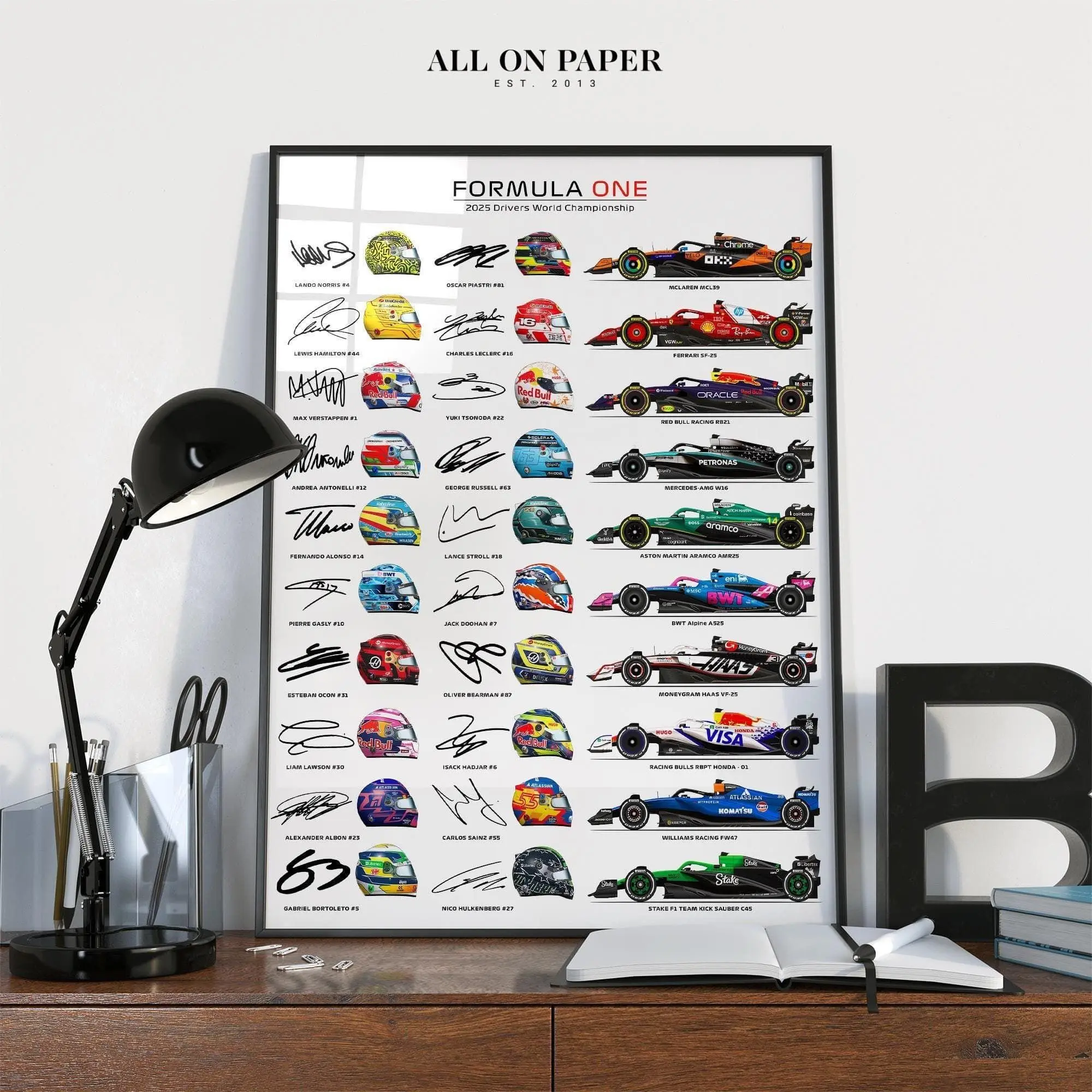 [Sale Up To 30%][Unframed] 2025 World Championship Helmets Cars Poster Mercedes Red Bull Ferrari Gift
