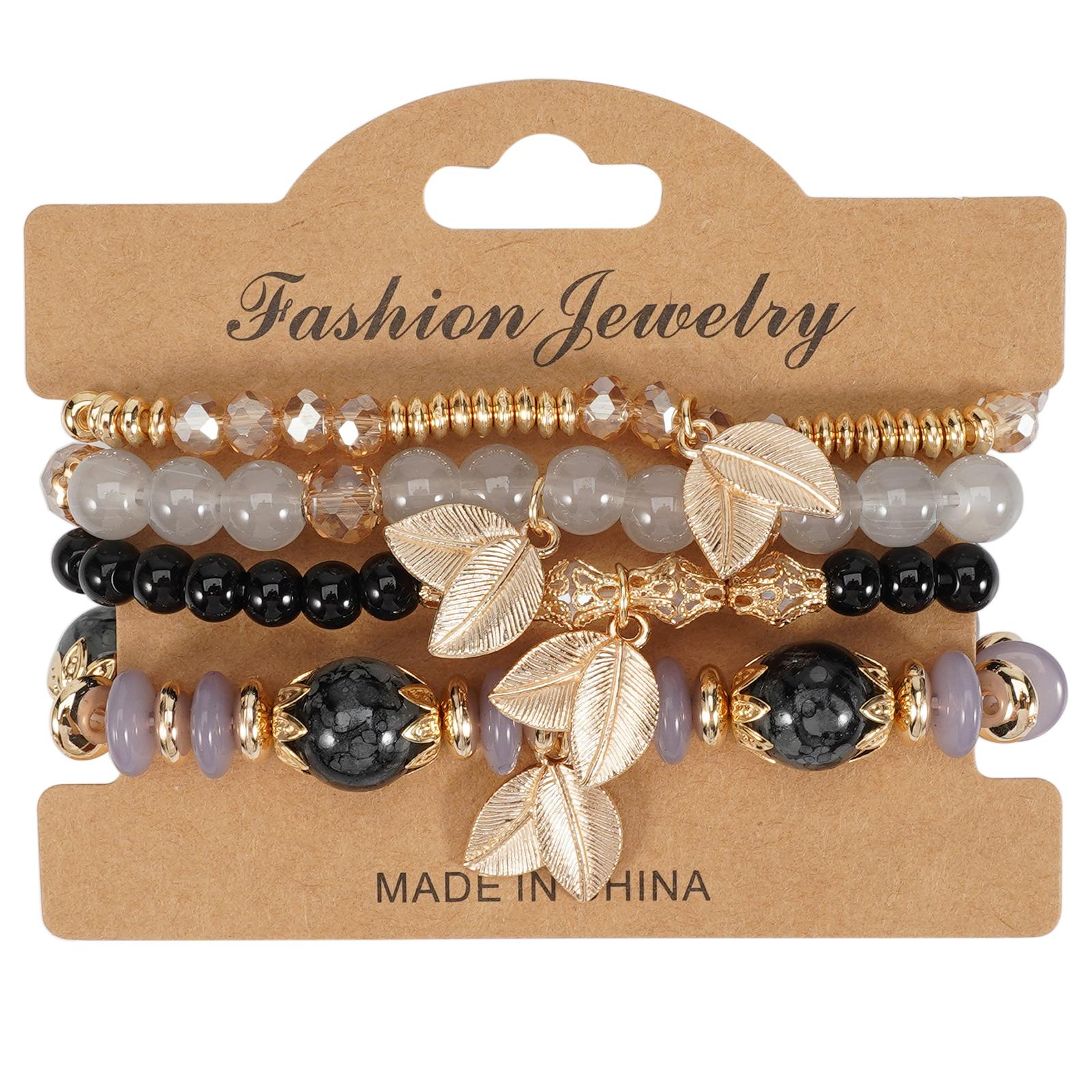 Bohemian Style Beaded Bracelet Set - 4 Pieces - Women's and Girls' Imitation Pearl Leaf Pendant Elastic Tassel Bangle - Fashionable Jewelry, Suitable for Everyday Wear, Couple Bracelets, Valentine's Day Gift.